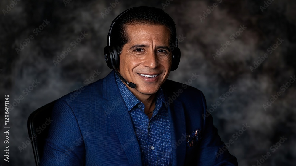 Fototapeta premium Smiling Call Center Employee Wearing Blue Suit Headset Gray Background Communication Expert