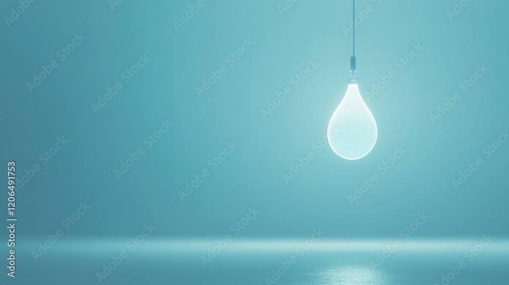 Glowing lightbulb hanging in a serene, teal-colored room. Minimalist and calming. Glowing lightbulb hanging in a serene, teal-colored room. Minimalist and calming.