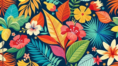 Tropical Paradise Seamless Pattern: A vibrant and playful tropical paradise seamless pattern bursts with color, featuring lush green leaves, vibrant flowers.
