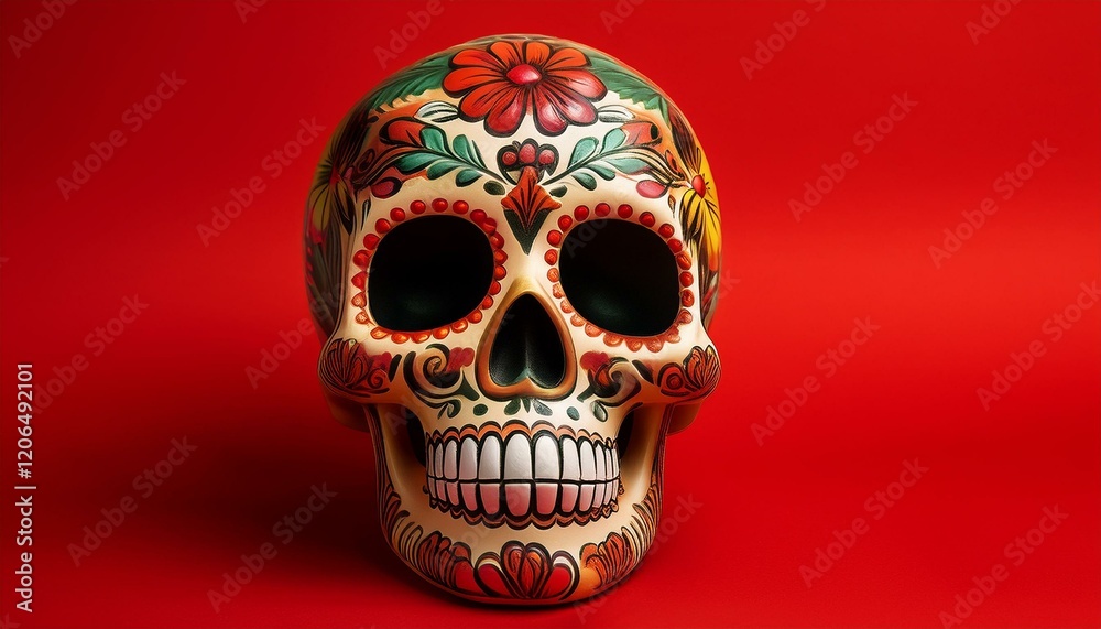 Mexican skull with floral pattern drawing isolated on red background Mexican skull with floral pattern drawing isolated on red background