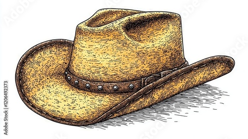Weathered Cowboy Hat with Leather Band and Studded Accents Illustrated on White Background