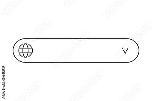 Search bar icon. Minimalistic globe shape. Dropdown arrow vector. Simple black outline.