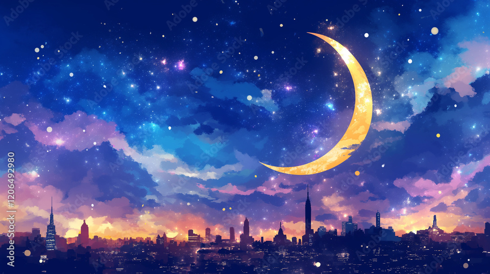 Naklejka premium 美しい夕空と高層ビルが織りなす都市の風景。優しい水彩画タッチの美しいアート。