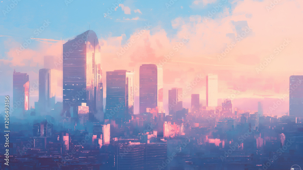 Fototapeta premium 夕焼け空とビル群が描くノスタルジックな都市風景。優しい水彩画タッチの美しいアート。