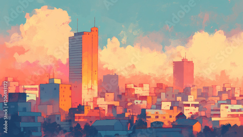 夕焼け空とビル群が描くノスタルジックな都市風景。優しい水彩画タッチの美しいアート。