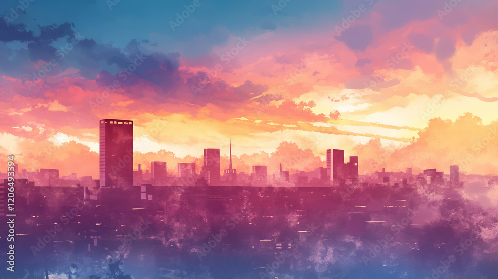 Fototapeta premium 夕焼けに染まる都市の景色｜美しい夕暮れの風景イラスト。優しい水彩画タッチの美しいアート。