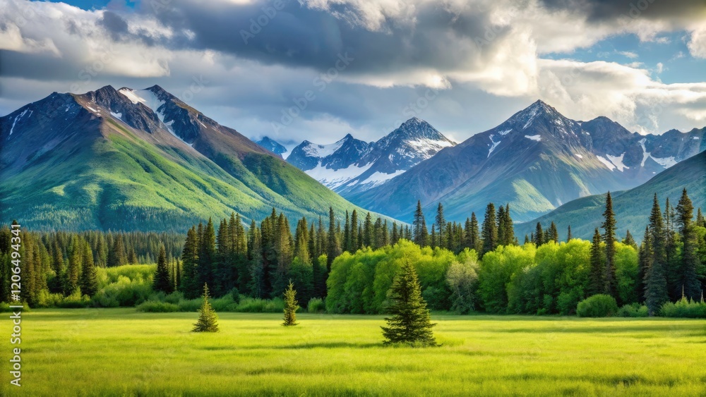 Naklejka premium Alaskan Pastoral Panorama: Minimalist Chugach Mountains & Meadows