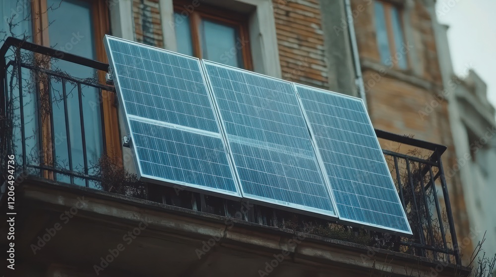 Solar Panels Installed on Urban Balcony in Residential Area Solar Panels Installed on Urban Balcony in Residential Area