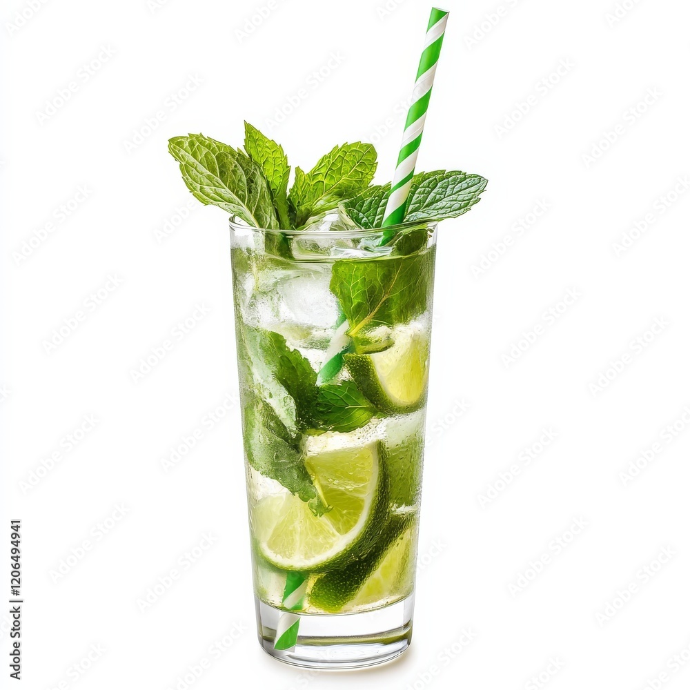 A refreshing mojito featuring muddled mint leaves and lime wedges, served in a tall glass with a striped straw, against an isolated white background A refreshing mojito featuring muddled mint leaves and lime wedges, served in a tall glass with a striped straw, against an isolated white background