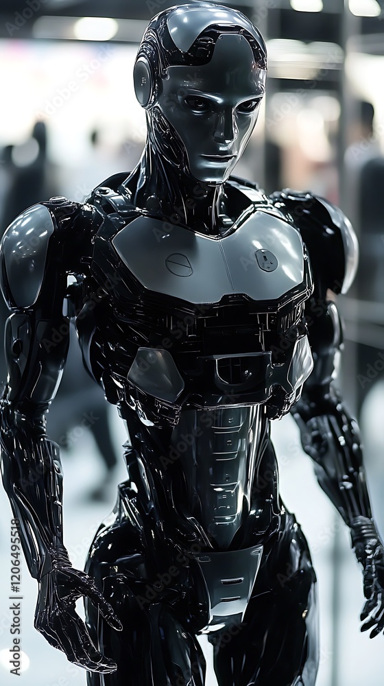 A futuristic humanoid robot displayed in a modern setting. A futuristic humanoid robot displayed in a modern setting.