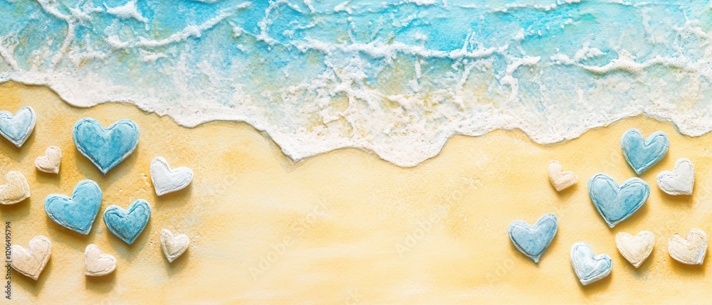 Fototapeta premium Watercolor sandy beach with heart patterns on yellow background