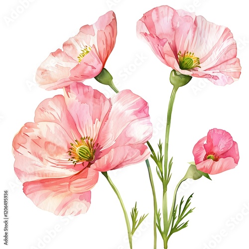 Watercolor Pink Poppy Isolated on White Background. Beautiful Poppy Flower