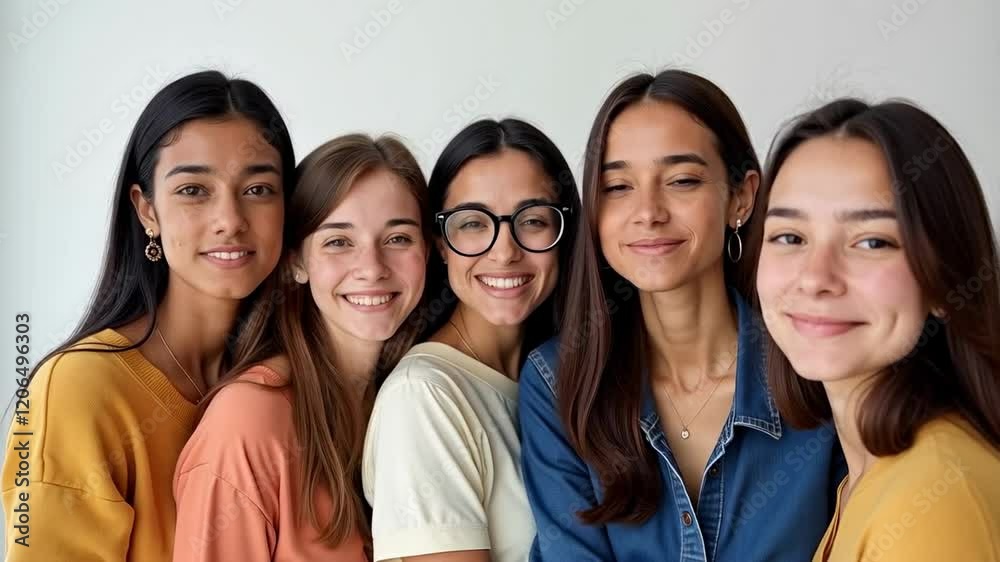 Diverse Group of Young Women Smiling Together in Studio Setting, Showcasing Friendship, Laughter, and Positivity with Natural Makeup and Casual Attire Diverse Group of Young Women Smiling Together in Studio Setting, Showcasing Friendship, Laughter, and Positivity with Natural Makeup and Casual Attire