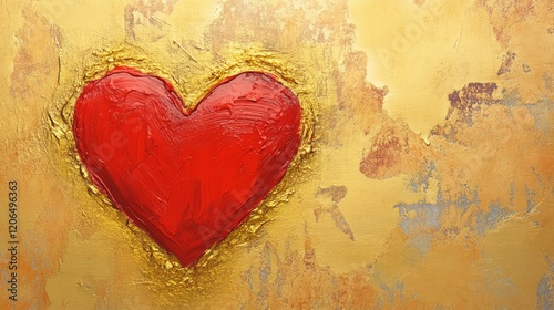 Goldenbordered red heart painted in gouache on golden background