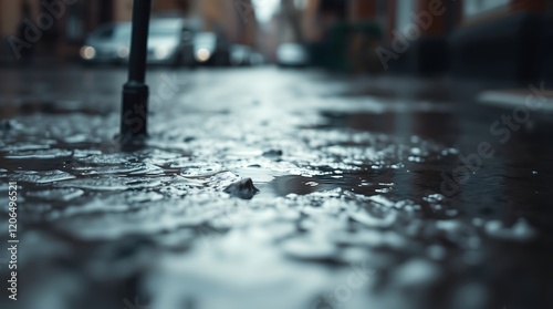 Fototapeta Naklejka Na Ścianę i Meble -  Wet city street after rain, close-up.