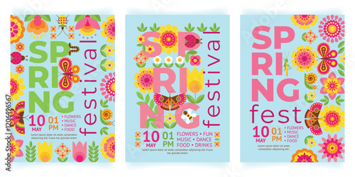 Set of beautiful backgrounds with decorative flowers and insects. Bright creative floral poster for spring festival with bugs and butterflies. Flyer, invitation