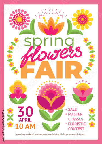 Beautiful floral background with decorative stylized flowers of different shapes. Minimalistic poster template for spring flower fair
