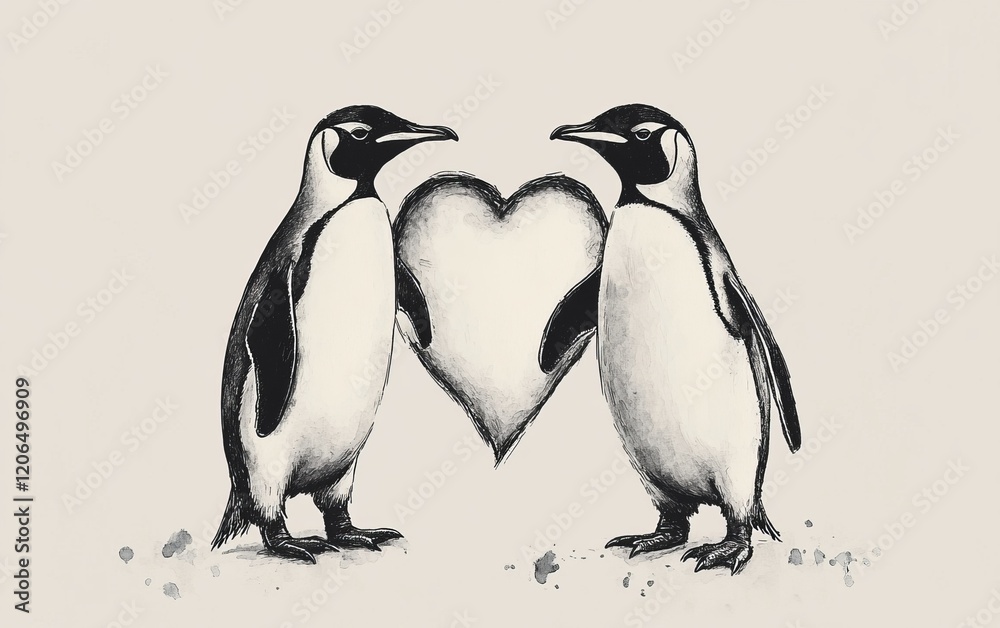 Obraz premium Penguins in heart shape ink drawing on gray background