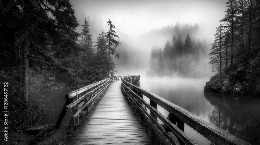 Naklejka premium Misty Lake with Wooden Bridge and Foggy Forest
