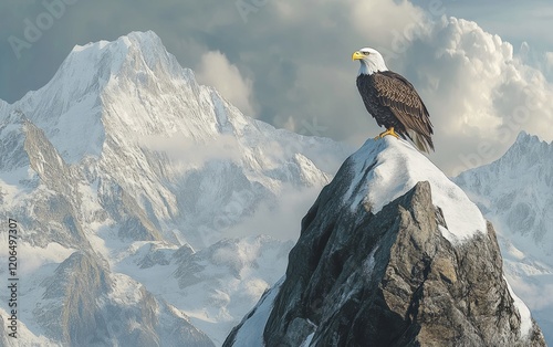 Eagle perched on mountain peak in realistic browngraywhite style photo