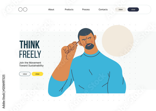 Thinking people, modern flat vector concept illustration- man standing thoughtfully, looking sideways, bubble near his head Metaphor for reflection, analysis, introspection, contemplation, deep