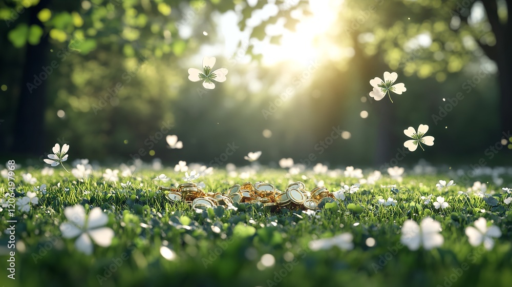 Fototapeta premium Golden sunlight breaks through greenery, casting a warm glow on a vibrant meadow dotted with blooming flowers. This tranquil scene evokes the beauty of nature in springtime