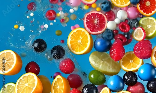 Colorful fruit and candy splash, vibrant background, healthy eating concept, food advertising