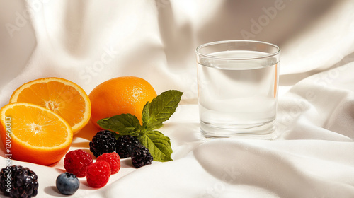 A serene wellness-themed image with a glass of citrus and berry drink placed on a white linen cloth, surrounded by fresh berries, citrus slices, and mint leaves for a clean and rej photo