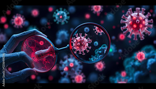 Wireframe hand holding magnifying glass examines vibrant human metapneumovirus (HMPV) and COVID-19 cells, showcasing intricate viral details with glowing, translucent textures in high resolution