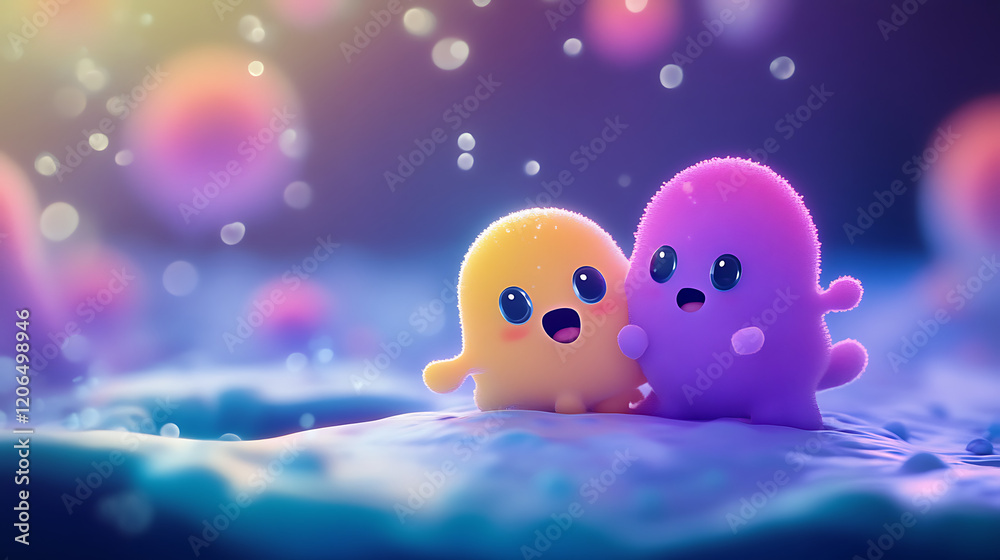 Two colorful, animated creatures joyfully interacting in a vibrant microscopic environment Two colorful, animated creatures joyfully interacting in a vibrant microscopic environment