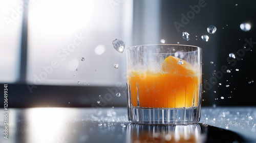 A cinematic shot of orange juice flying outward from a glass, with radiant droplets suspended in motion against a clean, bright background photo