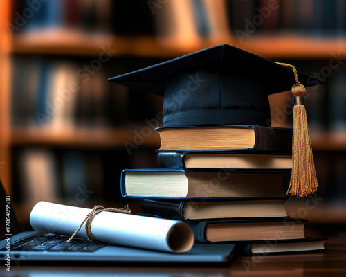A stack of books topped with a graduation cap and a diploma next to a laptop.