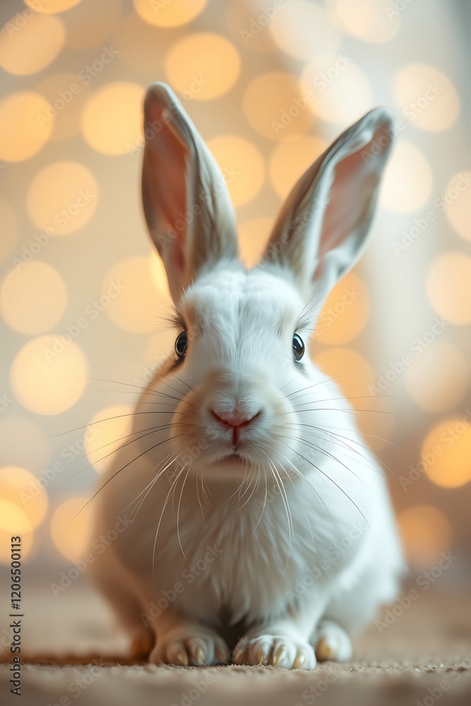 Fototapeta premium Cute white bunny rabbit with big ears against a bokeh background.