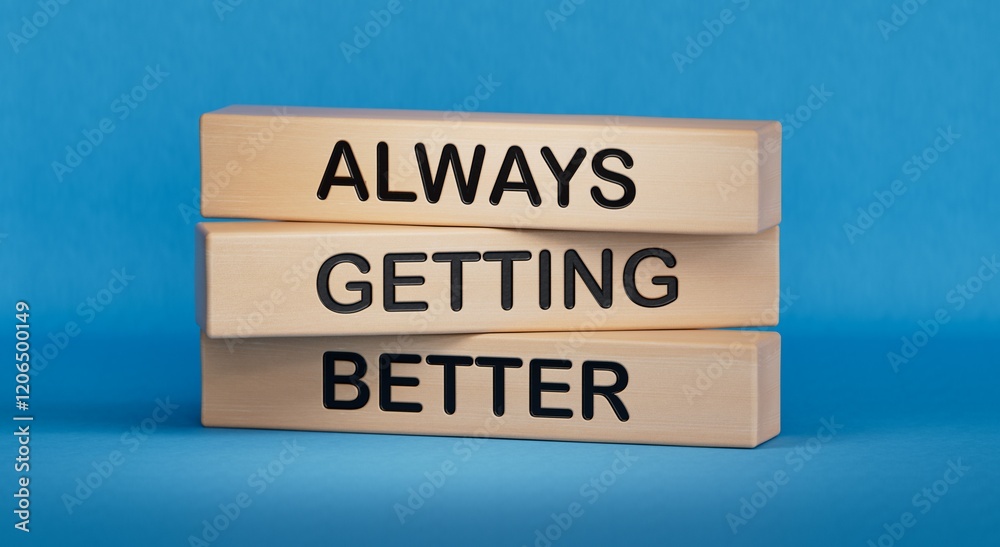 Obraz premium Always getting better symbol. Wooden blocks with words Always getting better.Business and Always getting better concept.Copy space.3D rendering on blue background.