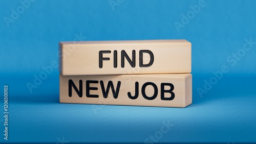 FIND NEW JOB sign. Wooden cube blocks. Copy space.3D rendering on blue background.
