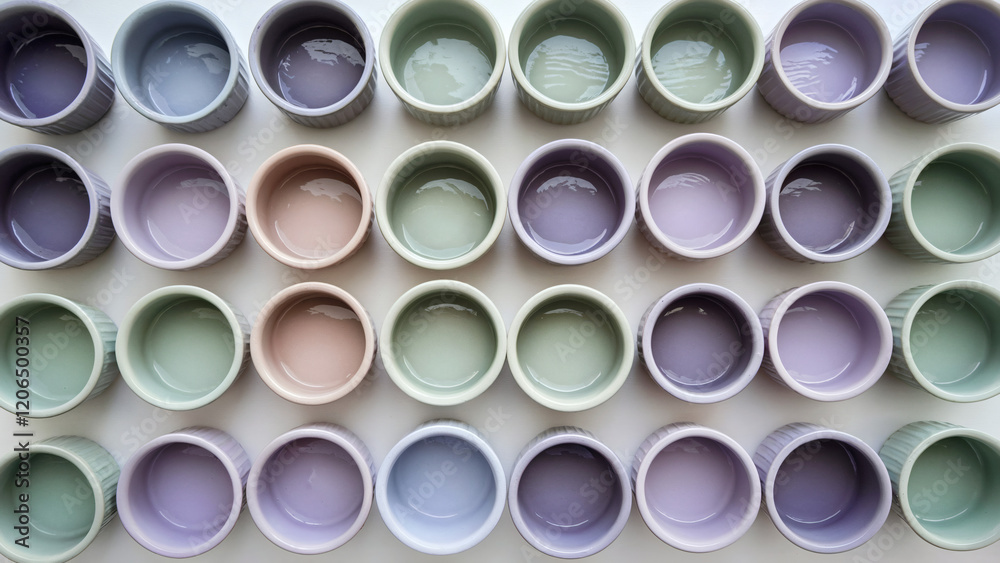 Array of paint pots (Soft Lavender and Mint Green): An array of ceramic bowls or pots in soft lavender and mint green tones, arranged side by side in a grid pattern Array of paint pots (Soft Lavender and Mint Green): An array of ceramic bowls or pots in soft lavender and mint green tones, arranged side by side in a grid pattern