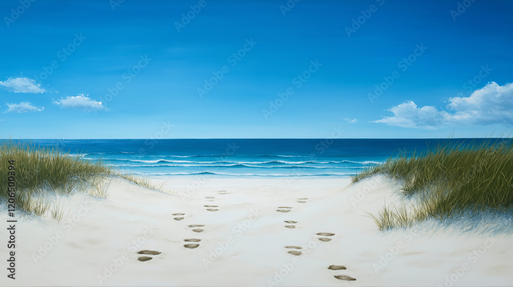 A wide beach scene with footprints trailing to the ocean, framed by dunes and sea grass swaying in the breeze, symbolizing a peaceful journey A wide beach scene with footprints trailing to the ocean, framed by dunes and sea grass swaying in the breeze, symbolizing a peaceful journey