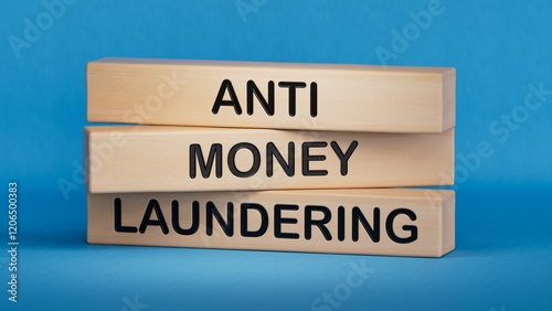 AML -anti money laundering word on wooden cubes. Wooden cube blocks. Copy space.3D rendering on blue background.