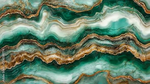 Beautiful green and gold marbled pattern with smooth flowing lines and textures on a surface