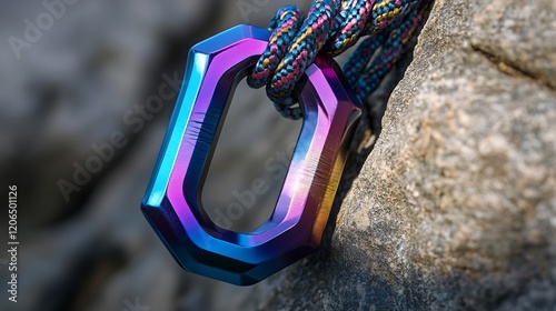 Colorful carabiner tightly secured to a rock face with climbing ropes