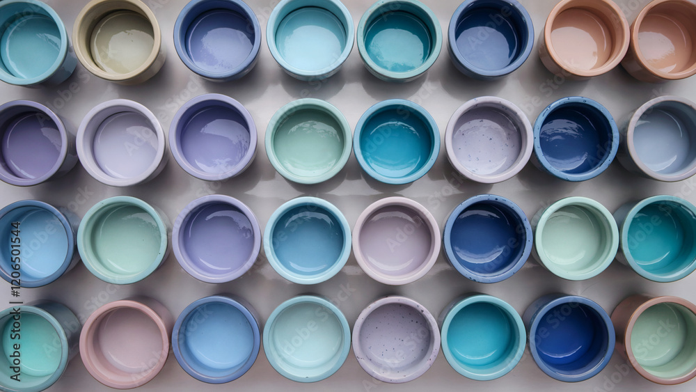 Array of paint pots (Pastel Blues): An array of ceramic bowls or pots, each in pastel shades of blue, from soft sky blue to powder blue and pale turquoise Array of paint pots (Pastel Blues): An array of ceramic bowls or pots, each in pastel shades of blue, from soft sky blue to powder blue and pale turquoise