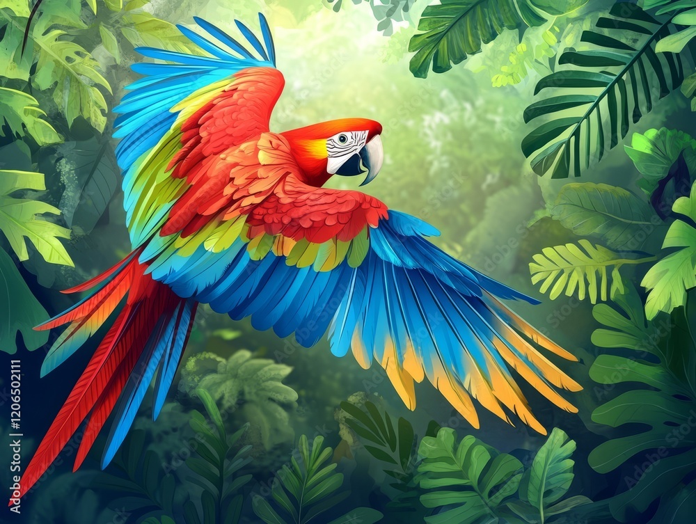 Obraz premium Vibrant macaw soaring above lush tropical jungle in realistic style