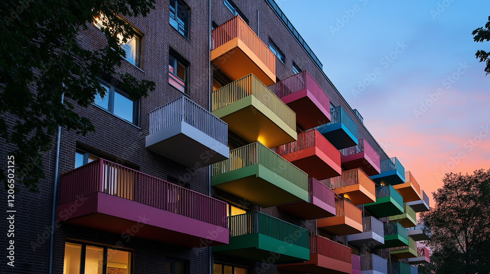 A student housing complex designed with artful precision, featuring balconies in a gradient of colors from warm reds to cool greens, and a vibrant mural on one wall A student housing complex designed with artful precision, featuring balconies in a gradient of colors from warm reds to cool greens, and a vibrant mural on one wall