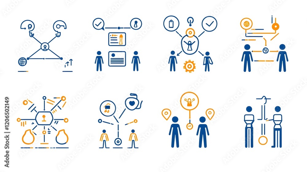 This image showcases a collection of minimalist thin line icons that visually represent various concepts related to workforce organizational structure community engagement and social networking This image showcases a collection of minimalist thin line icons that visually represent various concepts related to workforce organizational structure community engagement and social networking