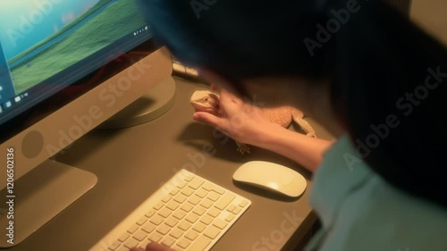 Over-shoulder medium closeup of hands of anonymous female retile owner working on desktop computer at home, then stroking her pogona lizard lying on desk, enjoying time with pet companion photo