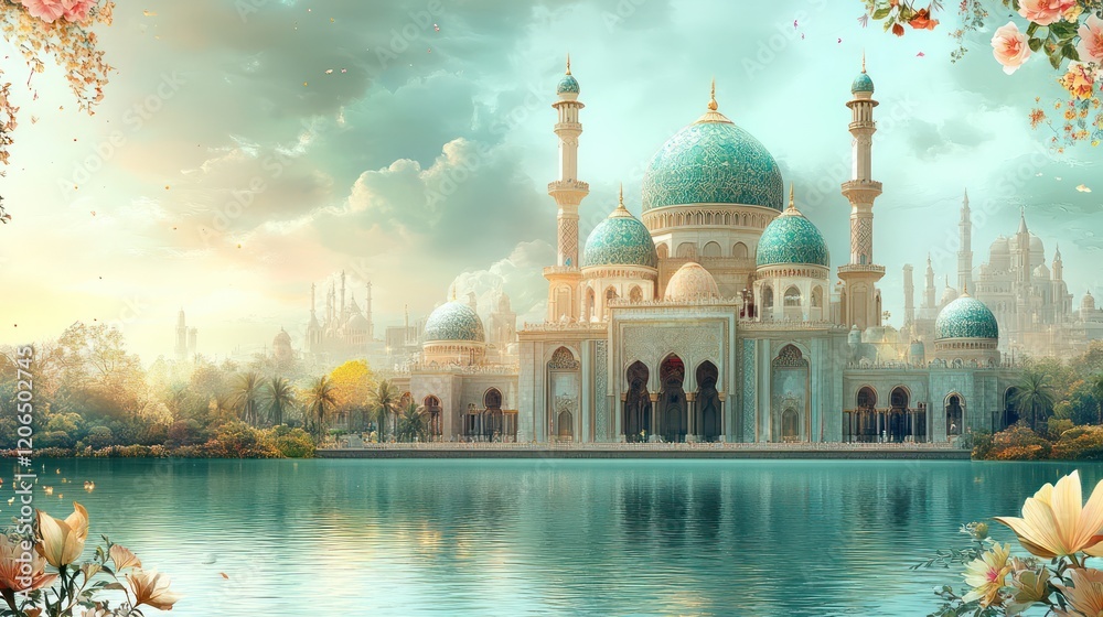 Naklejka premium Serene Mosque by the Lake: A Dreamlike Oasis