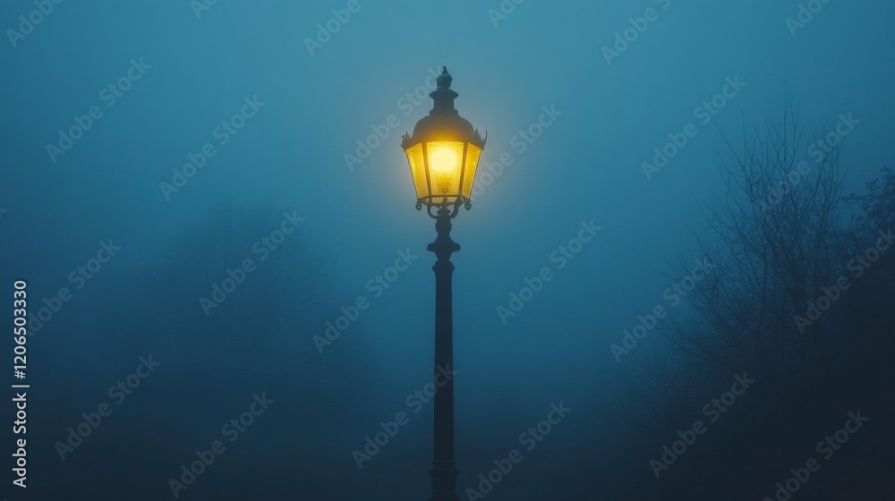 Illuminated Lamppost in a Foggy Night Illuminated Lamppost in a Foggy Night