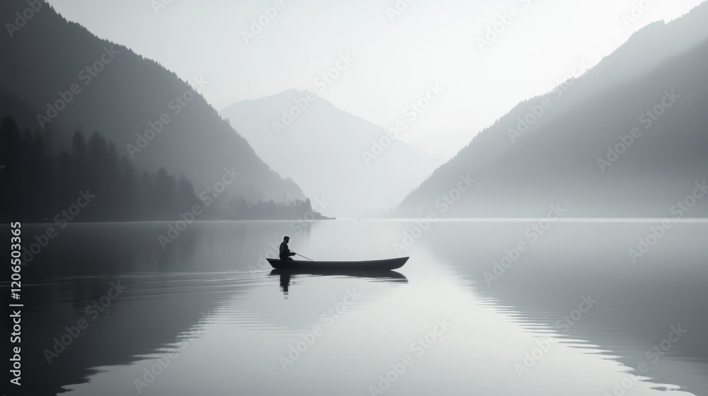 Solitary Figure in Misty Mountain Lake at Dawn Solitary Figure in Misty Mountain Lake at Dawn