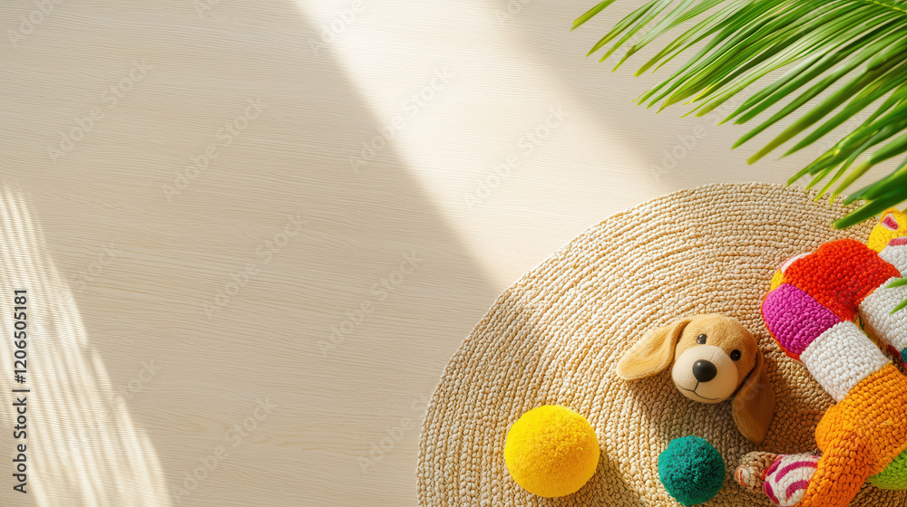 Fototapeta premium collection of colorful pet toys on woven rug with sunlight and plant