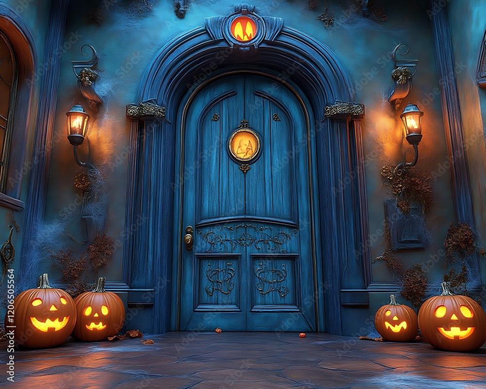 Obraz premium Haunted House Entrance, Halloween Night, Jack-o'-lanterns, Fog, Party
